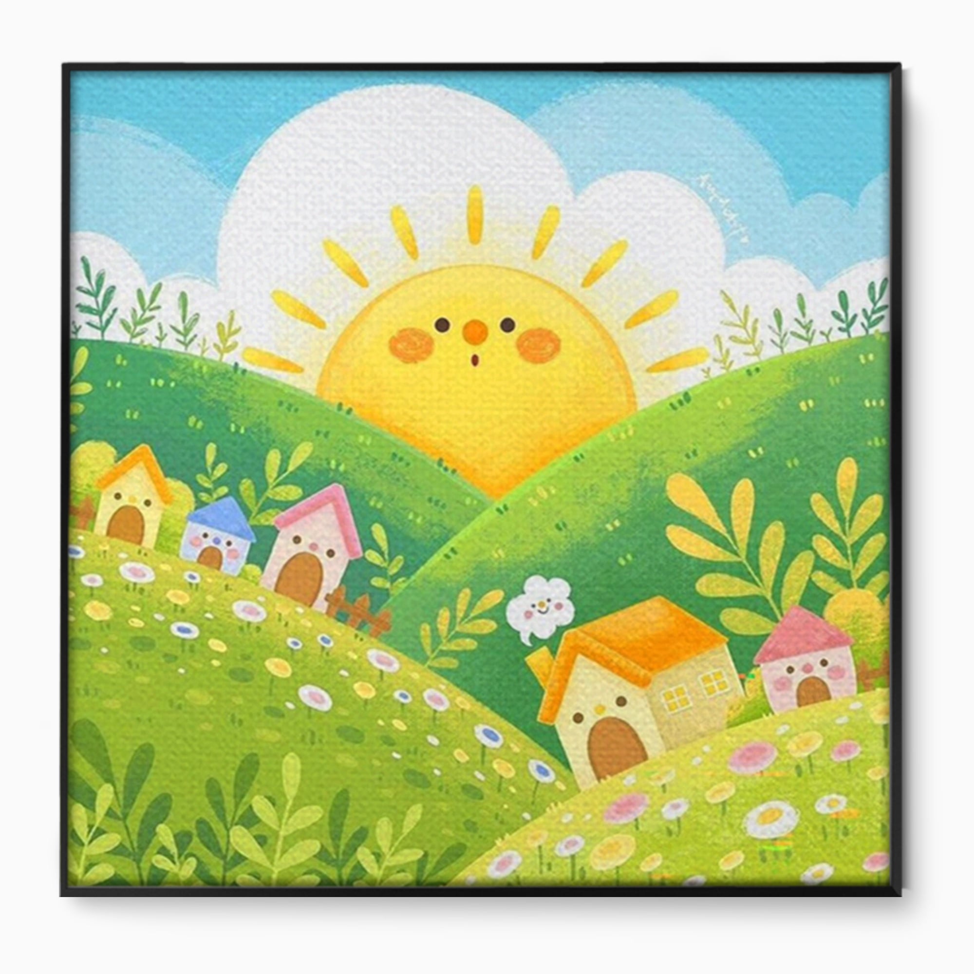 Tablou canvas cu ilustratie cu soare zambitor si casute, in rama de aluminiu negru